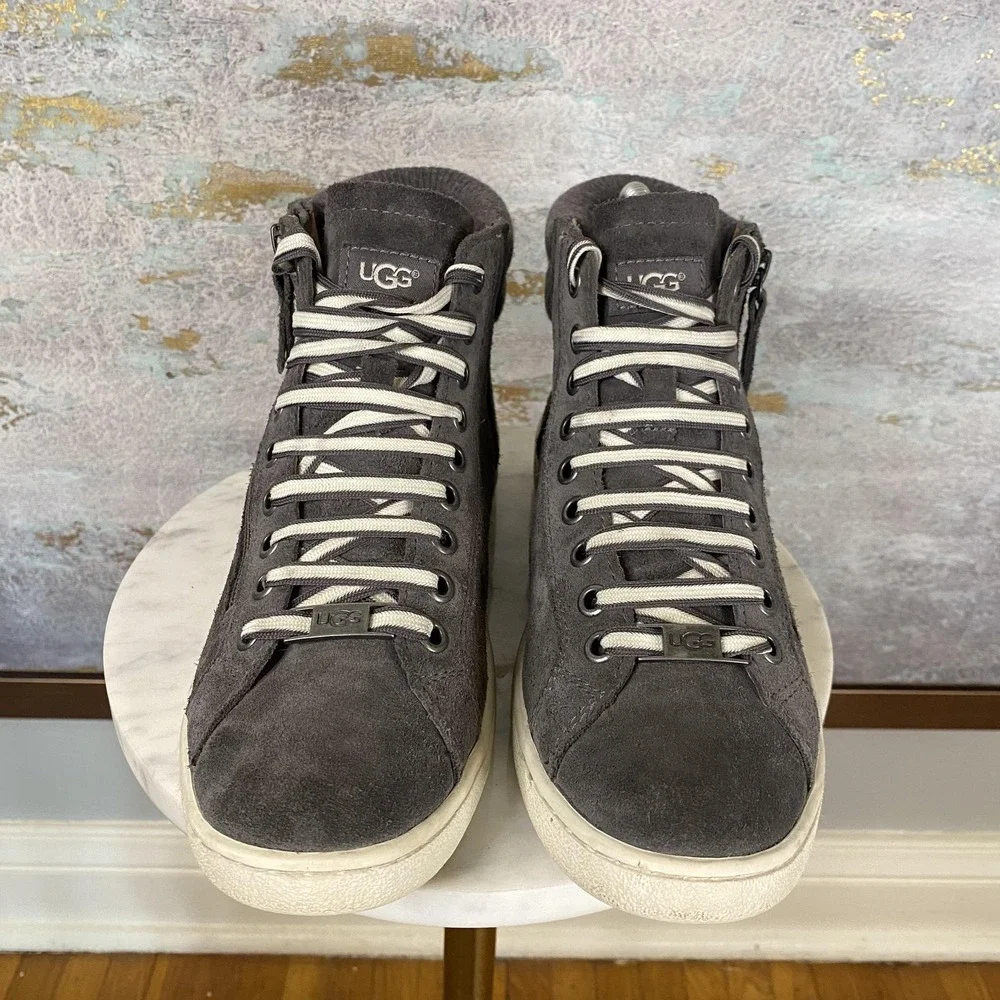 UGG Shoes Womens Size 7 Gray Suede High Top Sneakers Zipper Lace Up 1094789